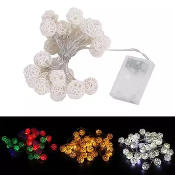 Гирлянда из ротангового шара, 30 светодиодов, ночник на батарейках, подвесной декор Warm White