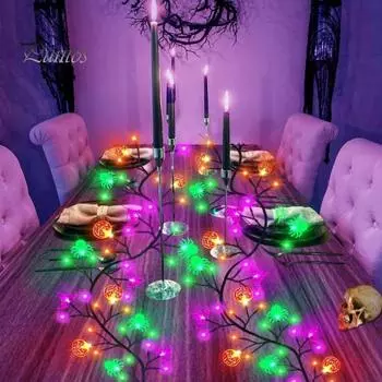 Гирлянда из веток ивовой лозы с летучими мышами, тыквами, функцией таймера, гибкие ветки, форма «сделай сам», 8 режимов освещения, светодиодные огни на Хэллоуин Battery разноцветный