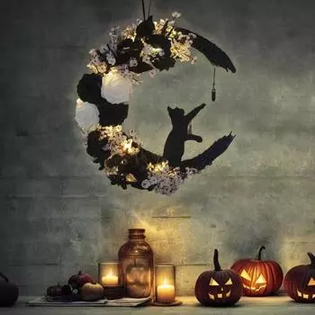 Гирлянда на Хэллоуин Цветок Луна Кошка Украшение для дома на Хэллоуин Подвеска Многоразовый висячий венок для входной двери Стены камина