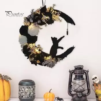 Гирлянда на Хэллоуин Цветок Луна Кошка Украшение для дома на Хэллоуин Подвеска Многоразовый висячий венок для входной двери Стены камина A