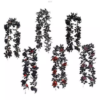 Гирлянда на Хэллоуин, искусственная розовая лоза, черные листья ручной работы, многоразовая подвеска на Хэллоуин без запаха E