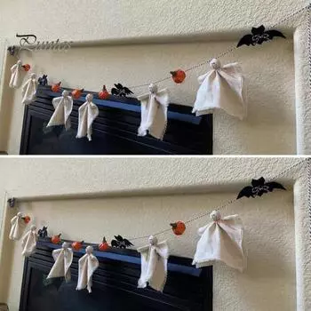 Гирлянда на Хэллоуин, милые хлопковые привидения, баннер на Хэллоуин, ручная работа, деревенский декор для стены для вечеринки на Хэллоуин, рамка для камина, украшение двери белый