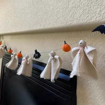 Гирлянда на Хэллоуин, милые хлопковые привидения, баннер на Хэллоуин, ручная работа, деревенский декор для стены для вечеринки на Хэллоуин, рамка для камина, украшение двери белый