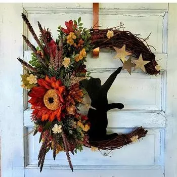 Гирлянда на Хэллоуин с луной и кошкой и розой черного цвета, гирлянда на Хэллоуин, венок на Хэллоуин, декор двери A