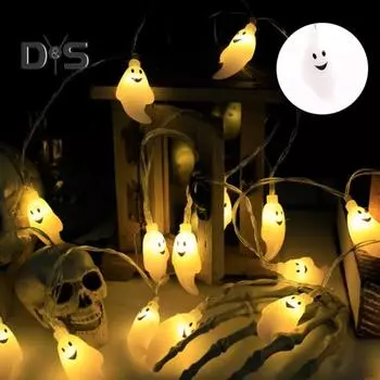 Гирлянда с привидениями на Хэллоуин, работающая от батареек, теплые светящиеся гирлянды с привидениями, декоративная гирлянда для крыльца, камина, входной двери на Хэллоуин 3m