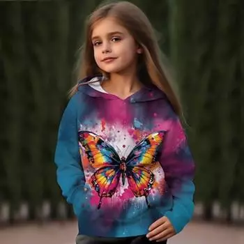 Girls 3D Butterfly Hoodie Pullover Long Sleeve 3D Print Fall Winter Active Fashion Cute Kids 3-12 Years Outdoor Casual Daily Regular Fit 100