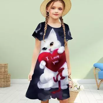 Girls 3D Loving Cat Print Dresses Kids Girl Party Short Sleeved Princess Dress 3D Print Dress 80 чёрный