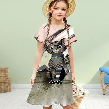 Платья для девочек с 3D-принтом и розовыми кошками, детское праздничное платье принцессы с короткими рукавами и 3D-принтом 80 чёрный