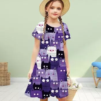Платья для девочек с 3D-принтом и полосатым принтом в виде кошки, детское праздничное платье для девочек с короткими рукавами, платье принцессы с 3D-принтом 80 жёлтый