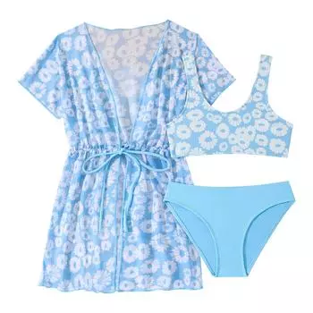 Girls 3pcs Rash Guard Swimsuit Tankini Tops Coverup Beachwear Flower Print Bathing Suit Sun Protection Dress Summer Holiday Set 130 горячий розовый