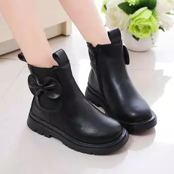 Girls Ankle Boots Autumn Winter Warm Soft Cotton Kids Rubber Boots Classic with Bow-knot Sweet Princess Children Boots 26-36 New 26 (inner 16.2cm) чёрный