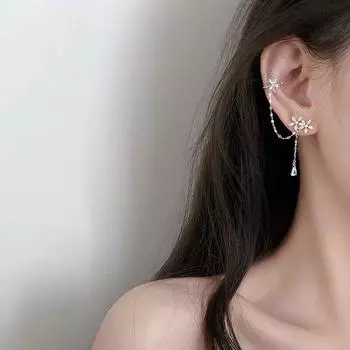 Girls Asymmetry Crystal Women Dangle Earrings Flower Ear Clips Ear Cuff Chain Clip Earrings серебряный