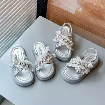 Пляжная обувь для девочек с блестящими кристаллами, детская мода, мягкие тапочки/сандалии для отпуска, обувь принцессы для девочек, элегантный темперамент 26