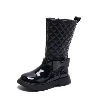 Girls Black Boots Glossy 2024 Side Zipper Children High Boots Bow Kids Versatile Casual Shoes for Catwalk Britain Style Non-slip 27 чёрный