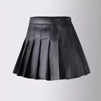 Girls Black High-Waist Pleated A-Line PU Skirt with Pants for Autumn and Winter 150cm