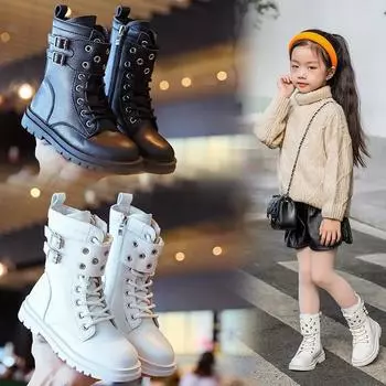 Girls Boots 2024 Autumn Winter Kids Fashion Boots Side Zipper with Metal Buckle Fashion Classic Children Rubber Boots Black New 29 бежевый