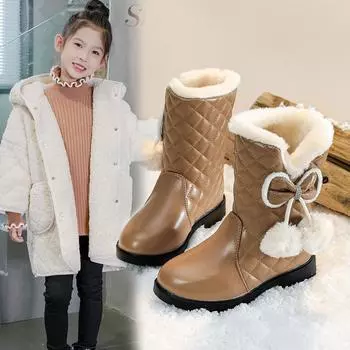 Girls Boots, Winter New Style, Children s Snow Boots, Medium and Large Children s Warm and Non Slip Princess Leather Short Boots, Midsole Boots 27 бежевый