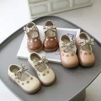 Туфли для девочек с бантом, кожаные, детские, на мягкой подошве 21