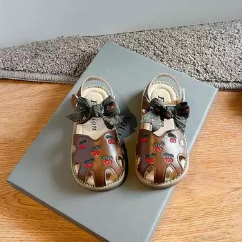 Girls Bow Toes Capped Sandals 2024 Summer New Children Hollow Embroidered Flats for Kids Solid Color Beach Shoes for Vacation 22 бежевый