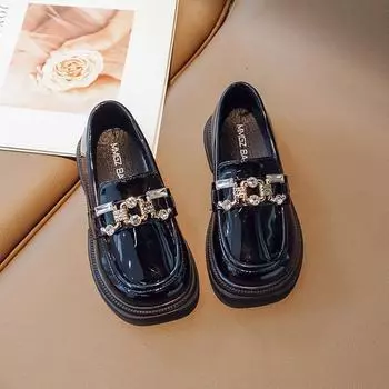 Girls Britain Style Leather Shoes Spring and Autumn 2024 New Versatile Black Little Girl Soft Sole Performance Children s Loafer 26 чёрный