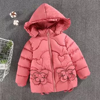 Пальто с узором «бабочка» для девочек, осенне-зимняя плотная верхняя одежда, теплое утолщенное хлопковое милое детское пальто с капюшоном 140 чёрный