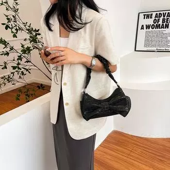 Girls casual bow small fresh underarm women s bag 2024 new crescent bag single shoulder portable messenger bag чёрный