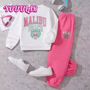 Girls Casual Children s Wear Autumn And Winter New Printed Long-sleeved Sweat Sweat Pants Fleece-lined Two-piece Set 8Y белый