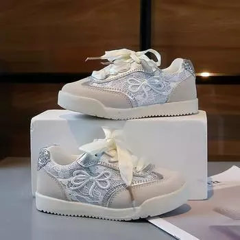 Повседневная обувь для девочек, вышитая детская спортивная обувь в стиле принцессы с лентами, 2024 г., новые детские кроссовки для бега, милые и элегантные 26 розовый