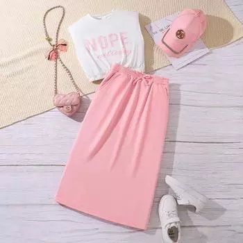 Girls Casual Sweet Set Summer Children s Sleeveless Letter Printed Top Slimming Skirt Two-piece Set 130cm=8Y розовый