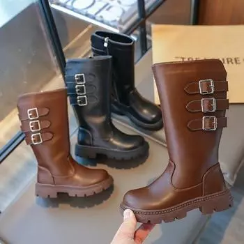Girls Catwalk Boots Spring Autumn Simple Children Fashion Boots Versatile Solid Color Kids Causal Long Leather Boots Non-slip 26 коричневый