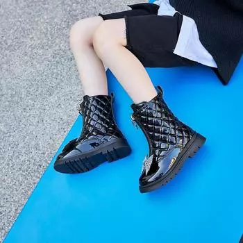 Girls Chic Elegant Booties 2024 Glossy Children s Fashion Autumn and Winter Versatile Casual Rhinestone Bow Cute Front Zipper 27 бежевый