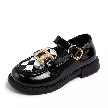 Girls Children Leather Shoes 2024 Spring New Lattice Versatile Metal Buckle Classic Britain Style Kids Fashion Glossy Loafers 26 чёрный