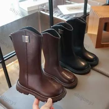 Girls Children Shoes Long Boots 2025 Winter New Plush Children Long Boots PU Leather Waterproof Anti Slip Comfort Outdoor Boots 26 чёрный