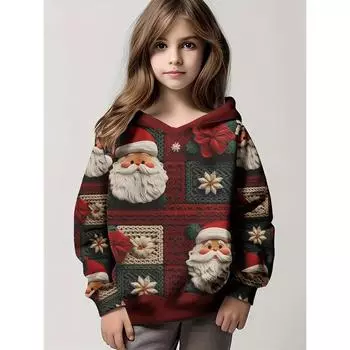 Girls Christmas Santa 3D Print Pattern Hoodie Long Sleeve Casual Polyester Round Neck Spring Fall Collection 100CM