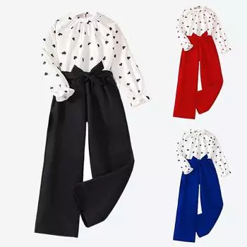 Girls Clothing Children s Printed Long Sleeve Wide Leg Pants Two-piece Set 9Y чёрный