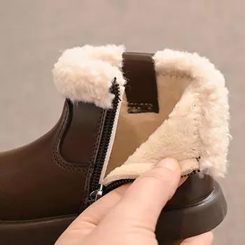 Girls Cotton Boots Winter New Fur Mouth Leather Boots Padded Soft Bottom Middle And Big Children Baby Boots Children s Cotton Shoes 22 чёрный