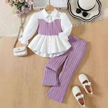 Girls Cross-Border Pink Knitted Vest with Lace Shirt & Wool-Blend Striped Pants Set 5-6Y