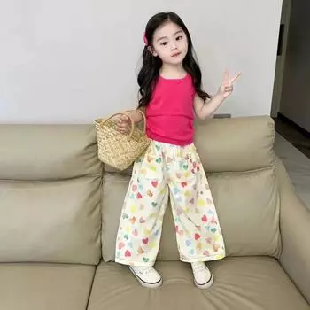 Милые прямые брюки с принтом Love для девочек, свободные повседневные широкие джинсовые брюки с эластичной резинкой на талии 140cm