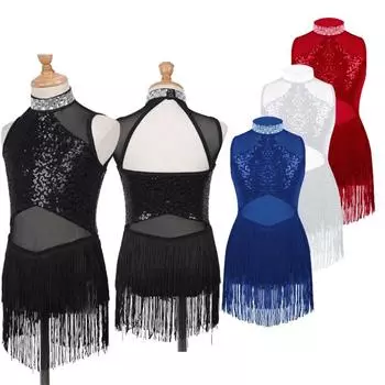Girls Dance Leotard Shiny Rhinestone Collar Sequins Patchwork Mesh Tassel Hem 5-6 Years чёрный