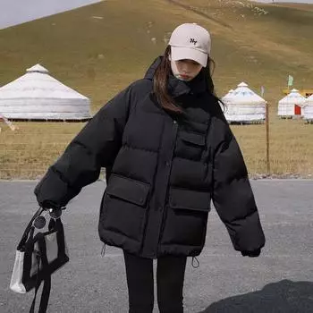 girls down cotton-padded clothes, new college style hooded black Korean version loose and versatile thickened solid color cotton-padded clothes M recommends less than 50 kg, upgraded thicker