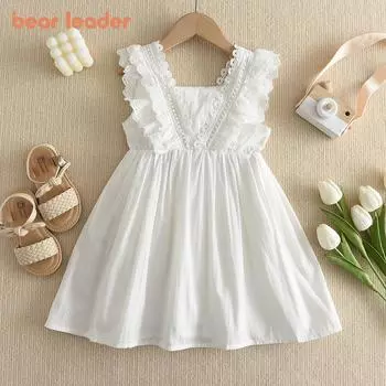 Girls Dress Bear Leader 2-7 Years White Flying Sleeves Lace Cotton Dresses AM0210 2T