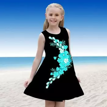 Платье для девочек без рукавов с 3D-принтом в виде синего цветка и треугольников, летнее, повседневное, милое ... детское, платье-трапеция, платье-майка 110 чёрный