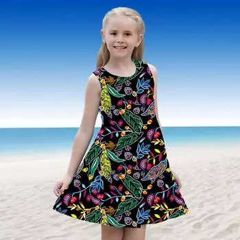 Платье для девочек, без рукавов, с 3D принтом листьев парамеции, Лето, на каждый день, милое повседневное милое детское платье трапециевидной формы, платье-майка 110 чёрный