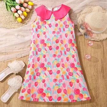 Girls Dresses Children s Summer Princess Dresses New Children s Multi-coloured Flowers Princess Dress Sweet Vest Princess Dresses 130cm/8Y розовый