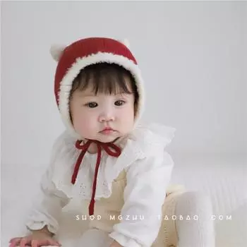Girls ear caps Autumn and winter medium and thick boys and girls baby fleece-edged knitted hats Cute small ball ball infant pullover hats