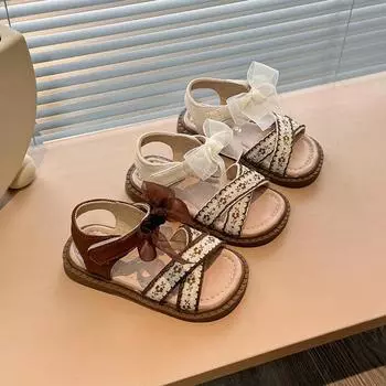Girls Embroidery Flat Sandals Summer Sweet Kids Princess Dress Open-toe Sandals Fashion Bowtie Children Cross Cut-outs Sandals 21 бежевый