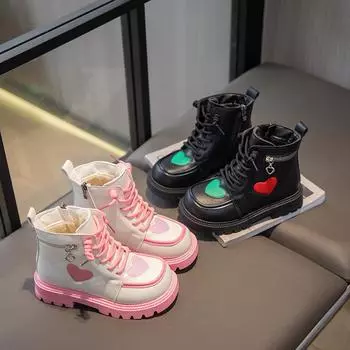 Girls Fashion Boots Kids Rubber Boots Cool Autumn and Winter Cotton Soft Sole Pink with Love Side Zip Children Princess Boots PU 26 чёрный