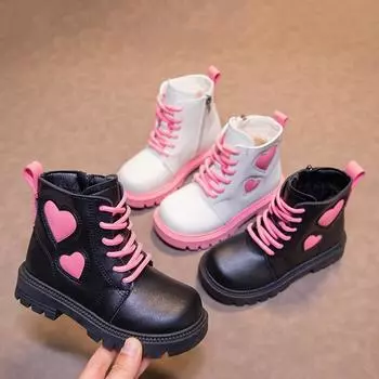 Girls Fashion Boots Kids Rubber Leather Boots Autumn and Winter Cotton Soft Sole Pink with Love Side Zip Children Princess Boots 26 чёрный