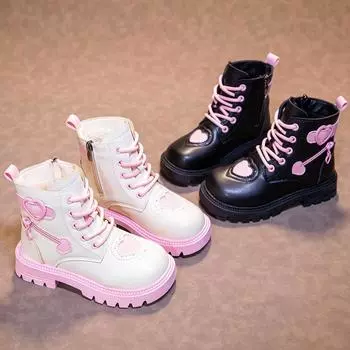 Girls Fashion Boots Kids Warm Rubber Boots Winter Cotton Soft Sole Pink with Love Side Zip Children Princess Boots Round-toe PU 26