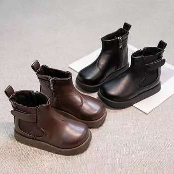 Модные ботинки для девочек, однотонные детские короткие кожаные ботинки, нескользящие, с круглым носком, детские зимние теплые ботинки, повседневные, с боковой молнией 26 коричневый